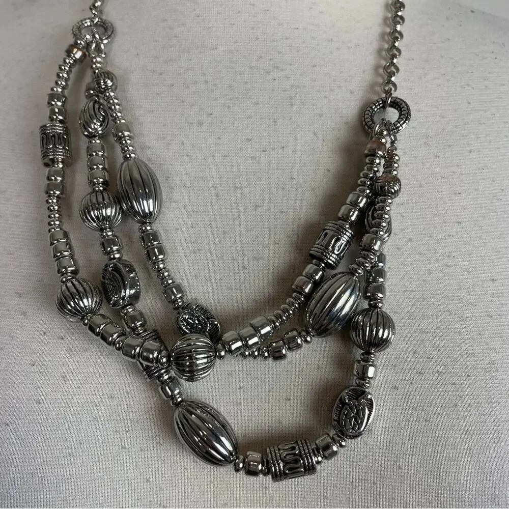 Chico's Silver Turtle Stamped Triple Strand Necklace